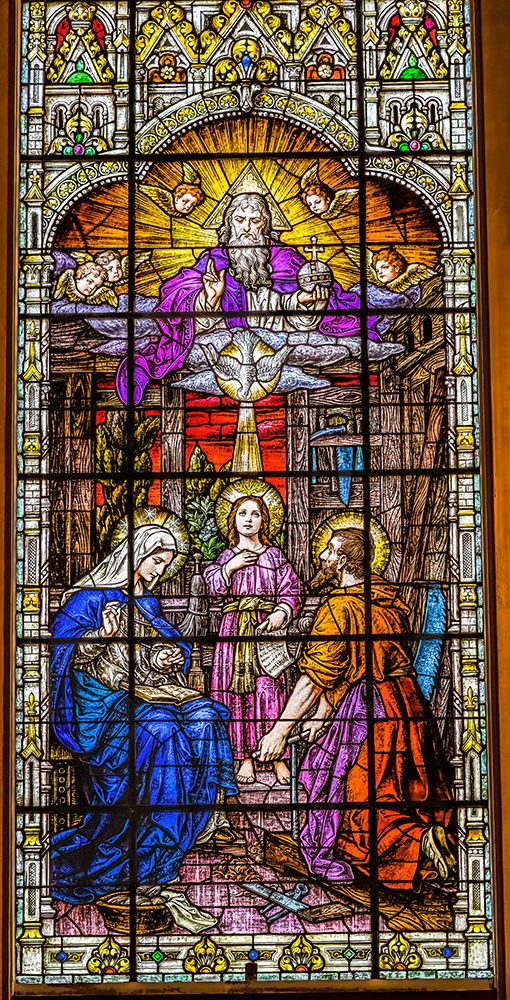 Young Jesus-Mary-Joseph and God the Father stained glass Gesu Church-Miami-Florida.